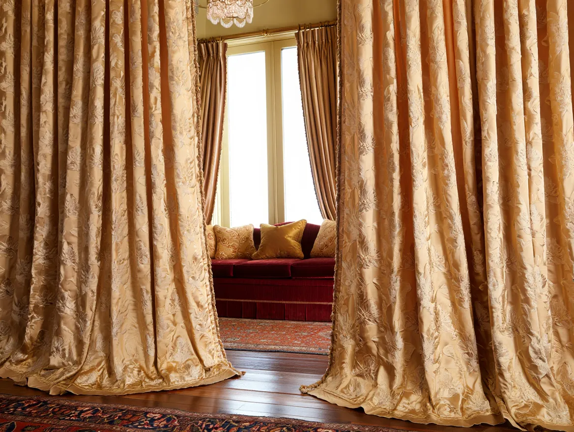 Elegant curtain fabric draping in living room